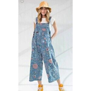Easel Blue Floral Jumpsuit - Size Large